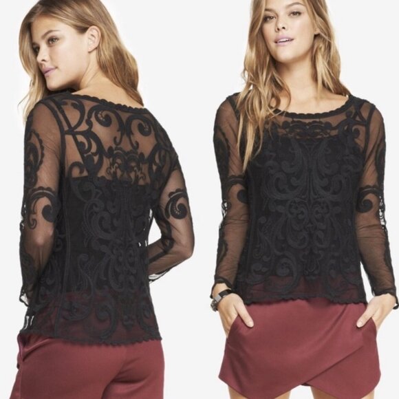 Express Embroidered Mesh Long Sleeve Blouse Womens Size XS Black Lace Sheer - Picture 10 of 10